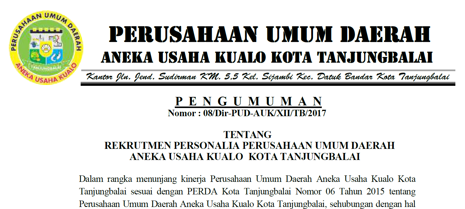 Rekrutmen Personalia Perusahaan Umum Daerah Aneka Usaha Kualo Kota Tanjungbalai