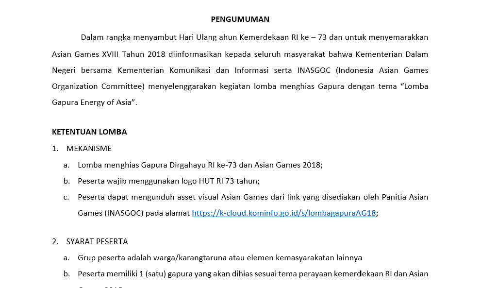 Pengumuman Kegiatan Lomba Menghias Gapura dengan Tema “Lomba Gapura Energy Of Asia”