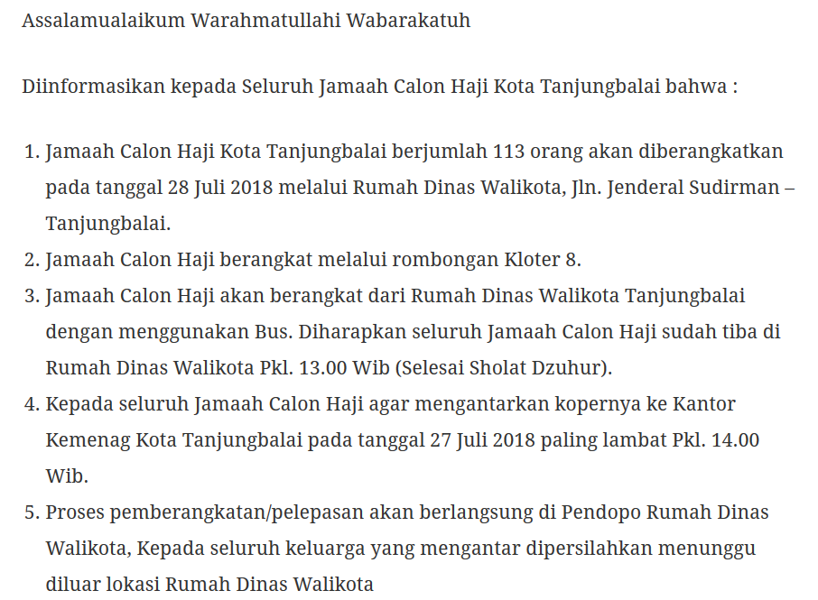 Pengumuman Informasi Kepada Seluruh Jamaah Calon Haji Kota Tanjungbalai