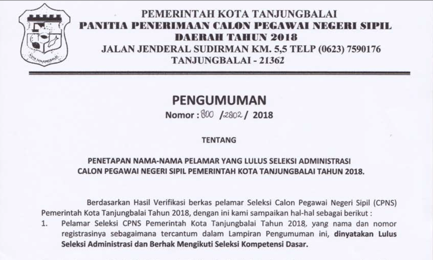 Pengumuman Hasil Seleksi Administrasi CPNS 2018