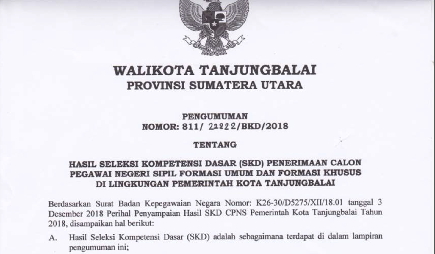 Pengumuman Hasil Seleksi Kompetensi Dasar (SKD) Penerimaan CPNS Kota Tanjungbalai Tahun 2018